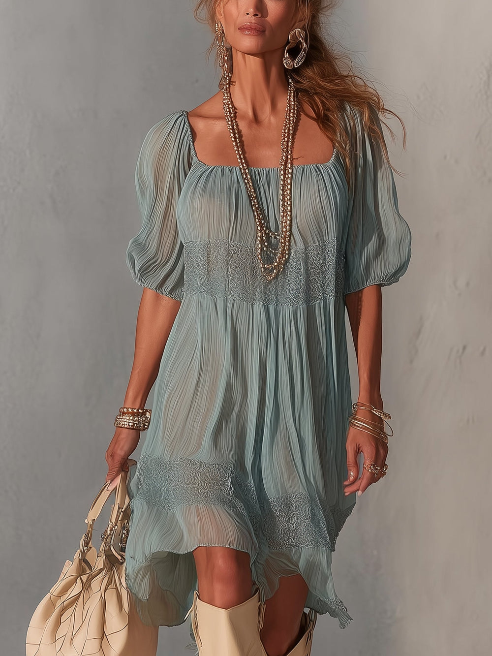 Blue Pleated Lace Midi Dress