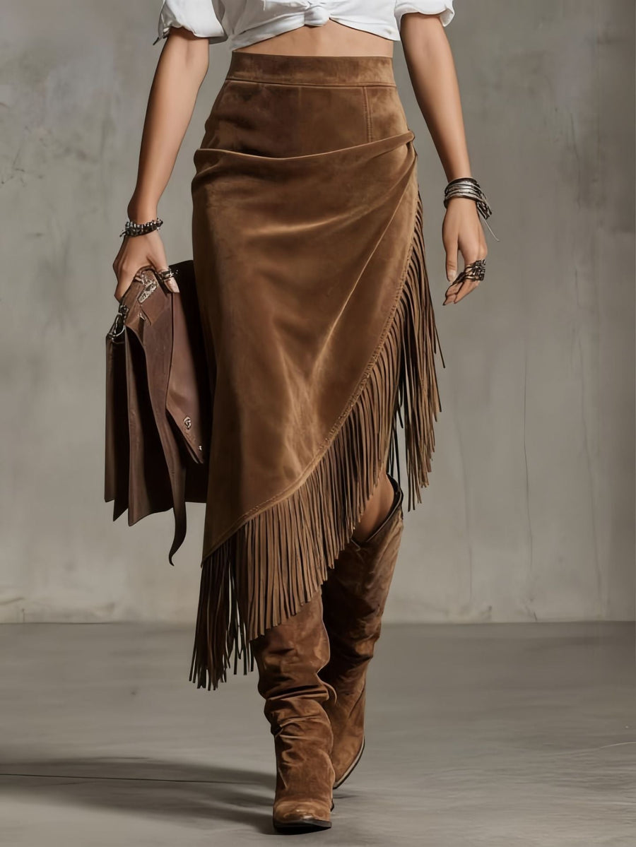 Retro Western Style Irregular Design Fringed Suede Skirt