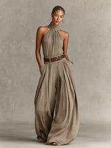 Taupe Boho Halter Wide-Leg Jumpsuit(Without Belt)
