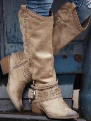 Vintage high-top leather buckle-decorated knight boots