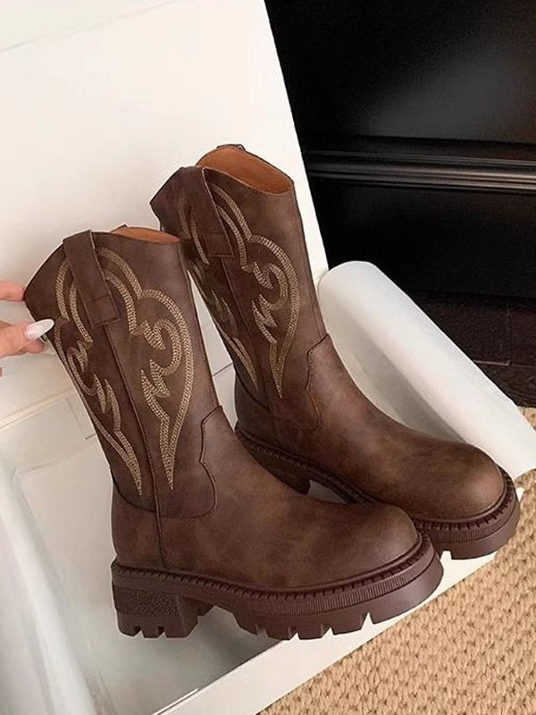 Retro soft leather thick-soled versatile mid-calf boots star_border
