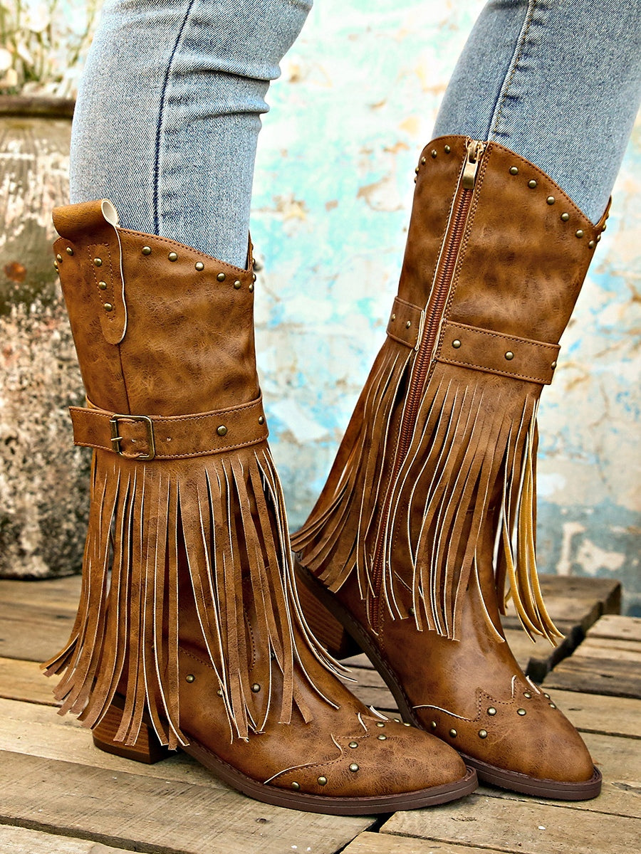 Retro tassel rivet belt knight boots