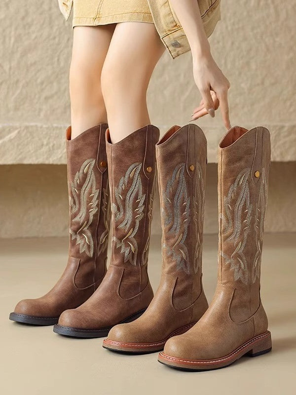 Brown embroidered back zipper long boots