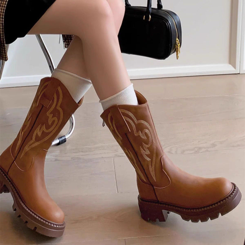 Retro soft leather thick-soled versatile mid-calf boots star_border