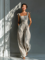 Beige Stripe Linen-Blend Tie-Shoulder Wide-Leg Jumpsuit