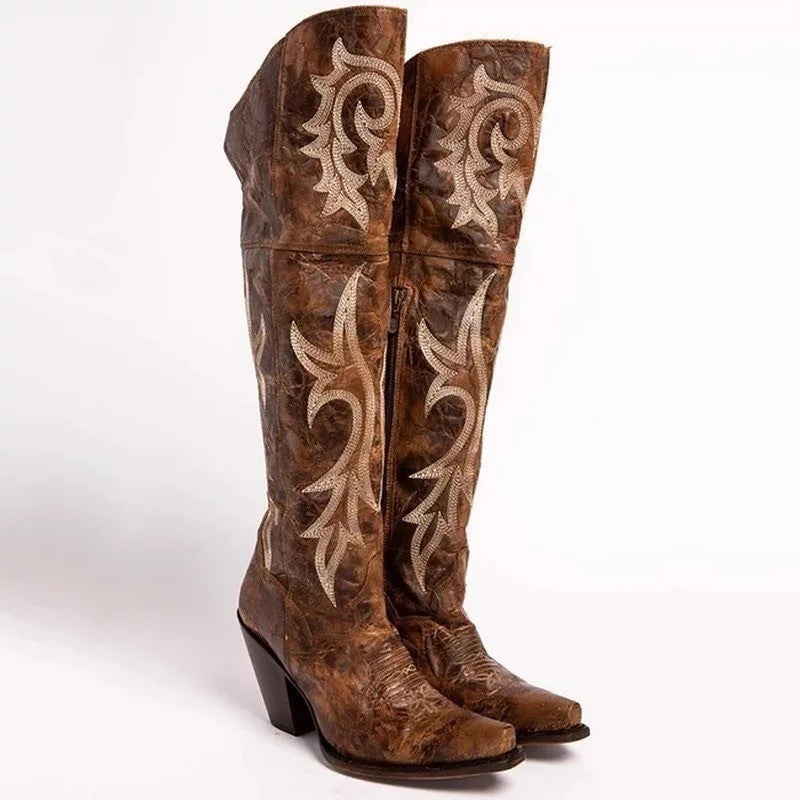 Retro pattern high-heeled thick-heeled high boots