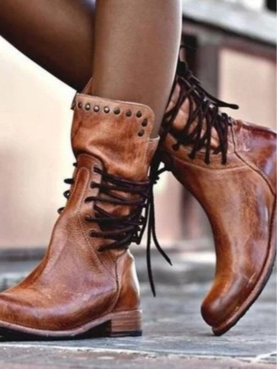 Retro British style rivet lace-up mid-calf boots