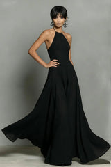 Black Linen-Blend Halter Backless Maxi Dress