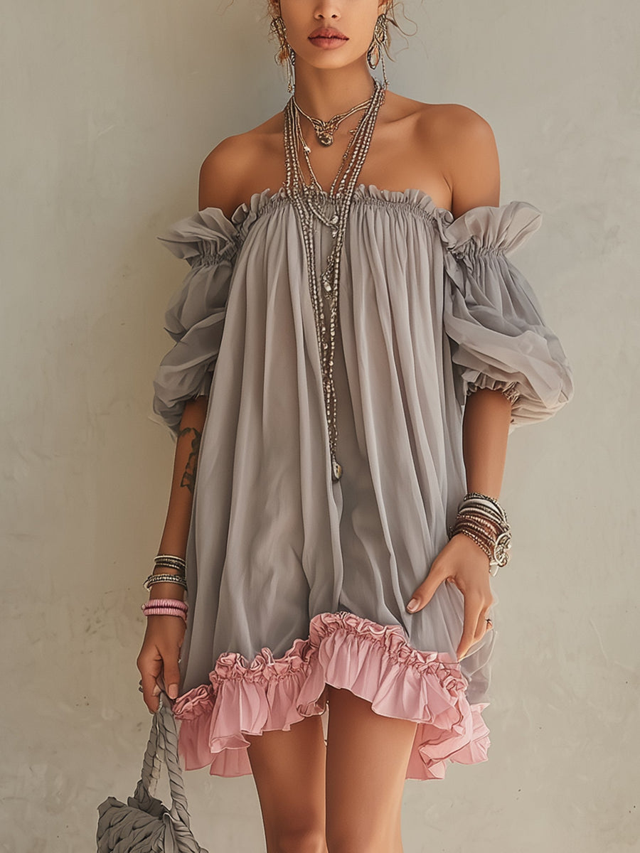 Gray Chiffon Off Shoulder Mini Dress With Pink Hem