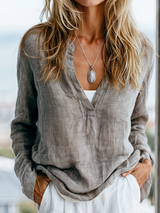 Cotton-Linen Henley Long-Sleeve Shirt