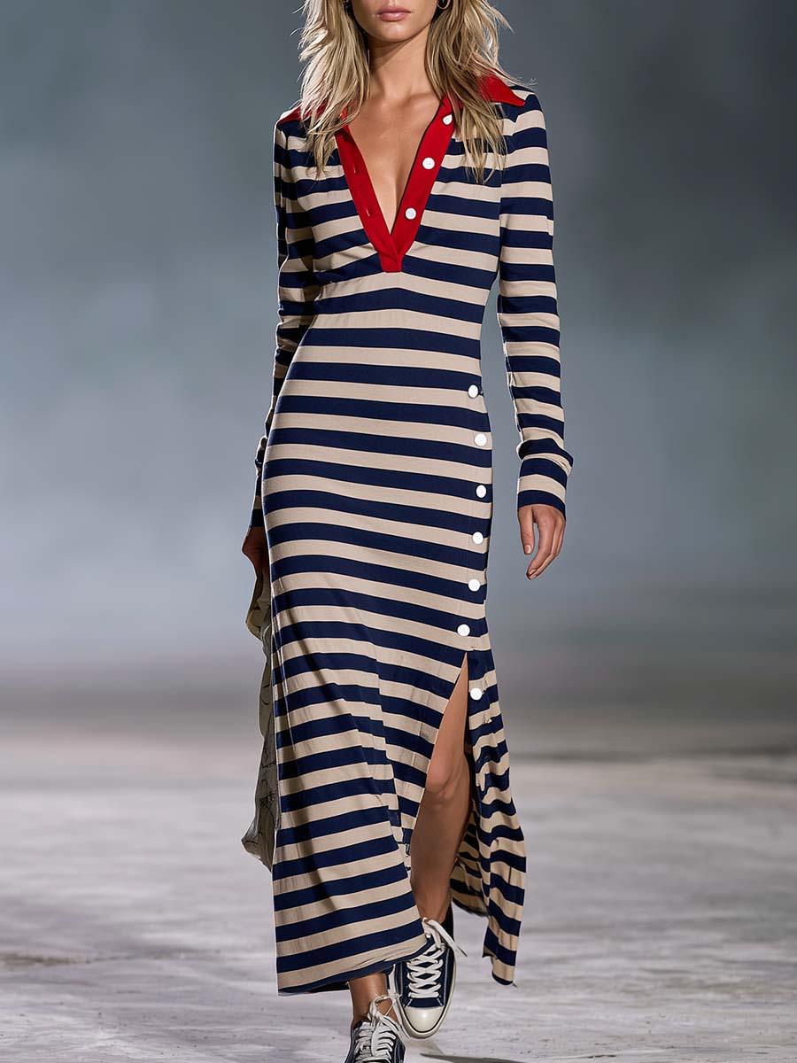 Nautical Polo Slit Maxi Dress