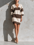 V-Neck Color Block Striped Sweatshirt Dress
