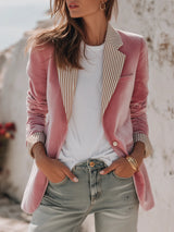 Elegant Relaxed Striped Lapel Velvet Blazer