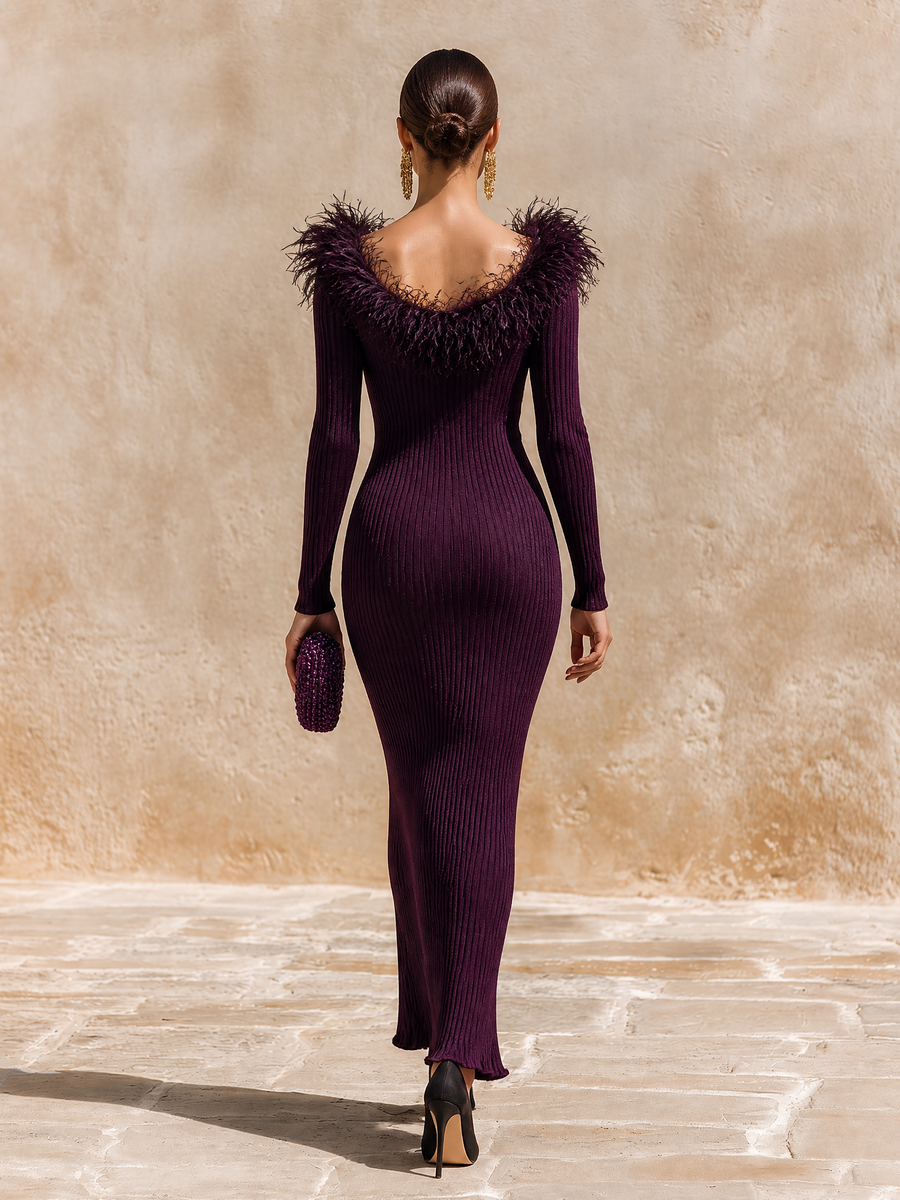 Feather-Trim V-Neck Maxi Dress