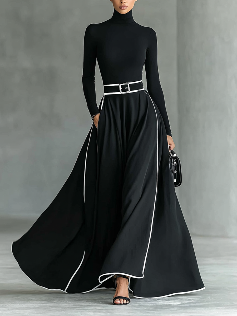 Women's Black Stitching White Trim High Collar Long Sleeve Tight Belt Maxi Dress