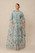 Blue Floral Sequin Cape Maxi Dress