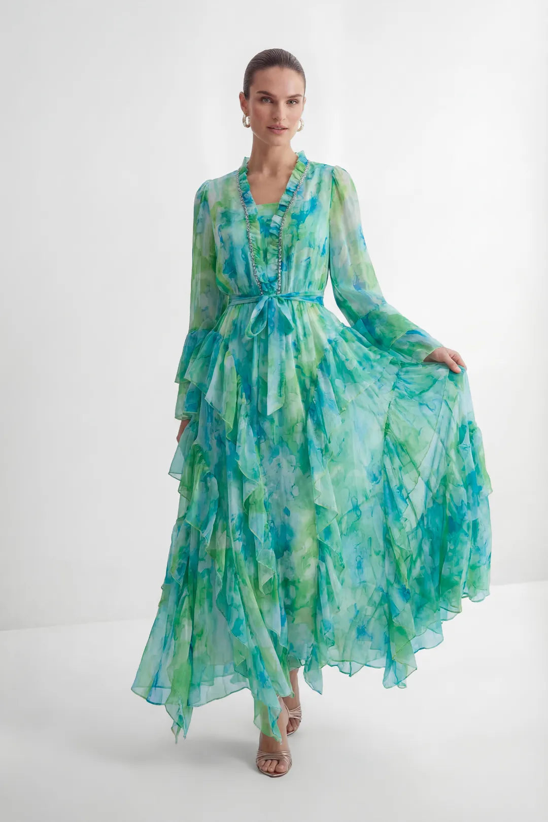 Mint Green Abstract Print Tiered Ruffle Maxi Dress
