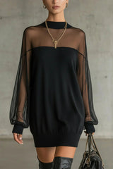 Sheer-Sleeve High-Neck Mini Dress