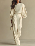 Ivory Ribbed Crew Neck Top And High-waisted Wide-leg Pants Suit