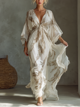 Twist Front & Palm Leaf Print Chiffon Dolman Sleeve Maxi Dress