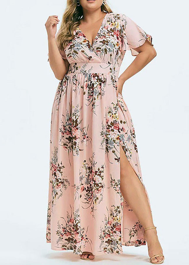 Loose Pink Print Tunic Chiffon Maxi Dress