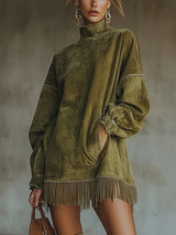 Faux Suede Turtleneck Dress With Fringe Hem