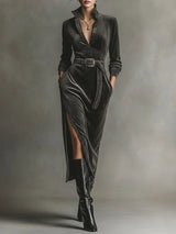 Elegant Corduroy Dress with Tie Neck and Side Slits