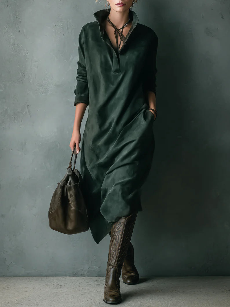Green Loose Suede Lapel Long Sleeve Midi Dress