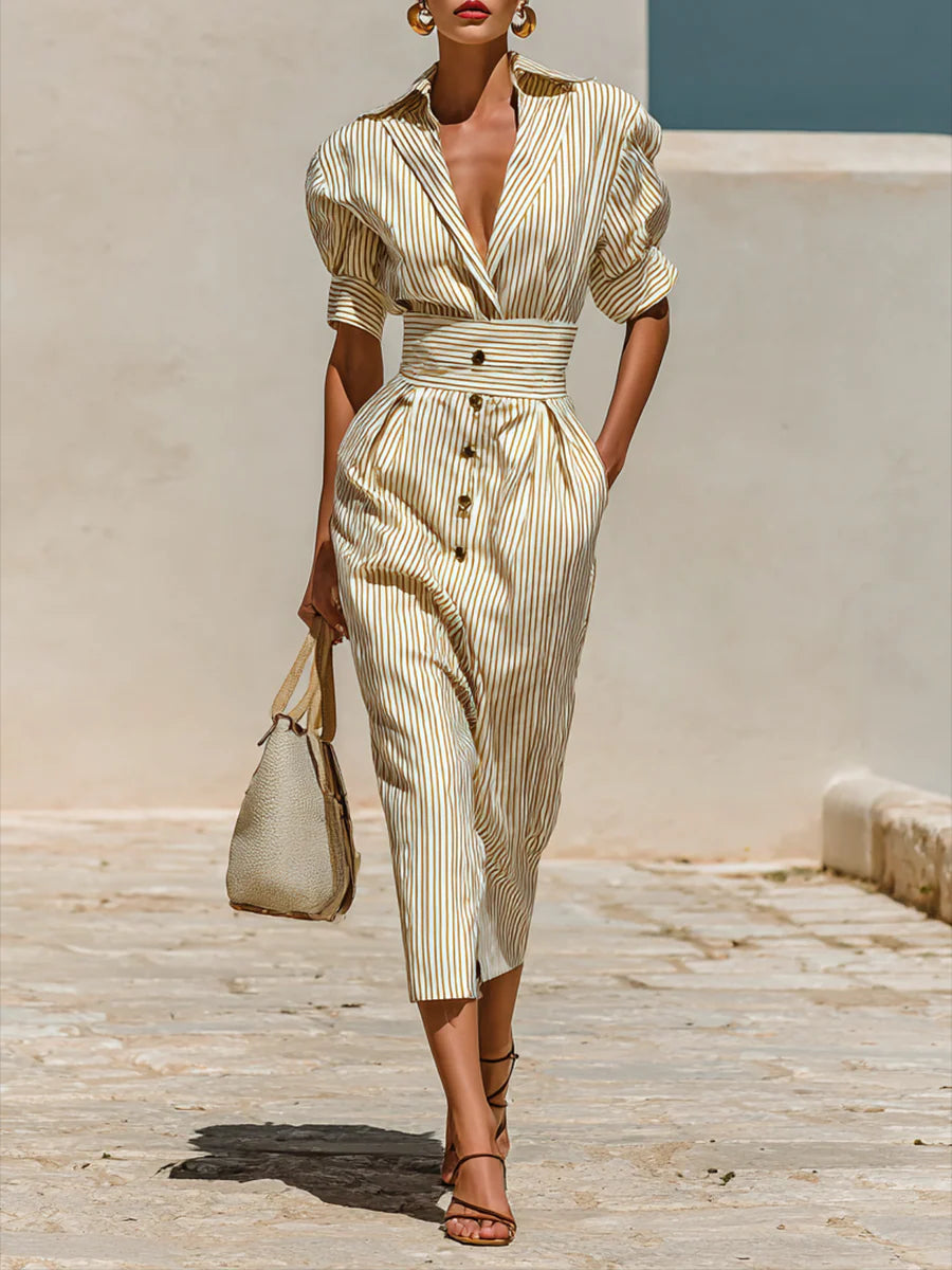 Striped Lapel Short Sleeve Waist Midi Dress