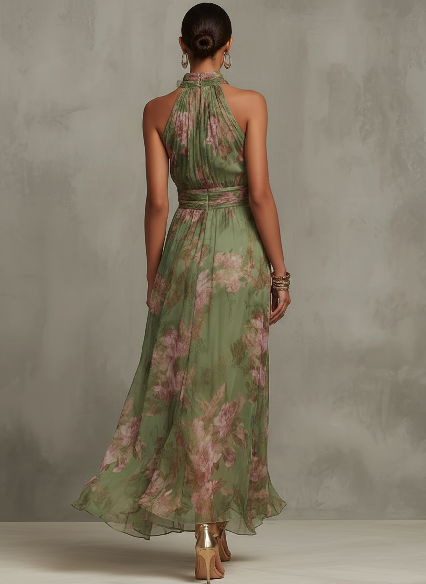 Green Floral Chiffon Halter Maxi Dress