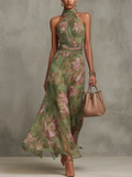 Green Floral Chiffon Halter Maxi Dress