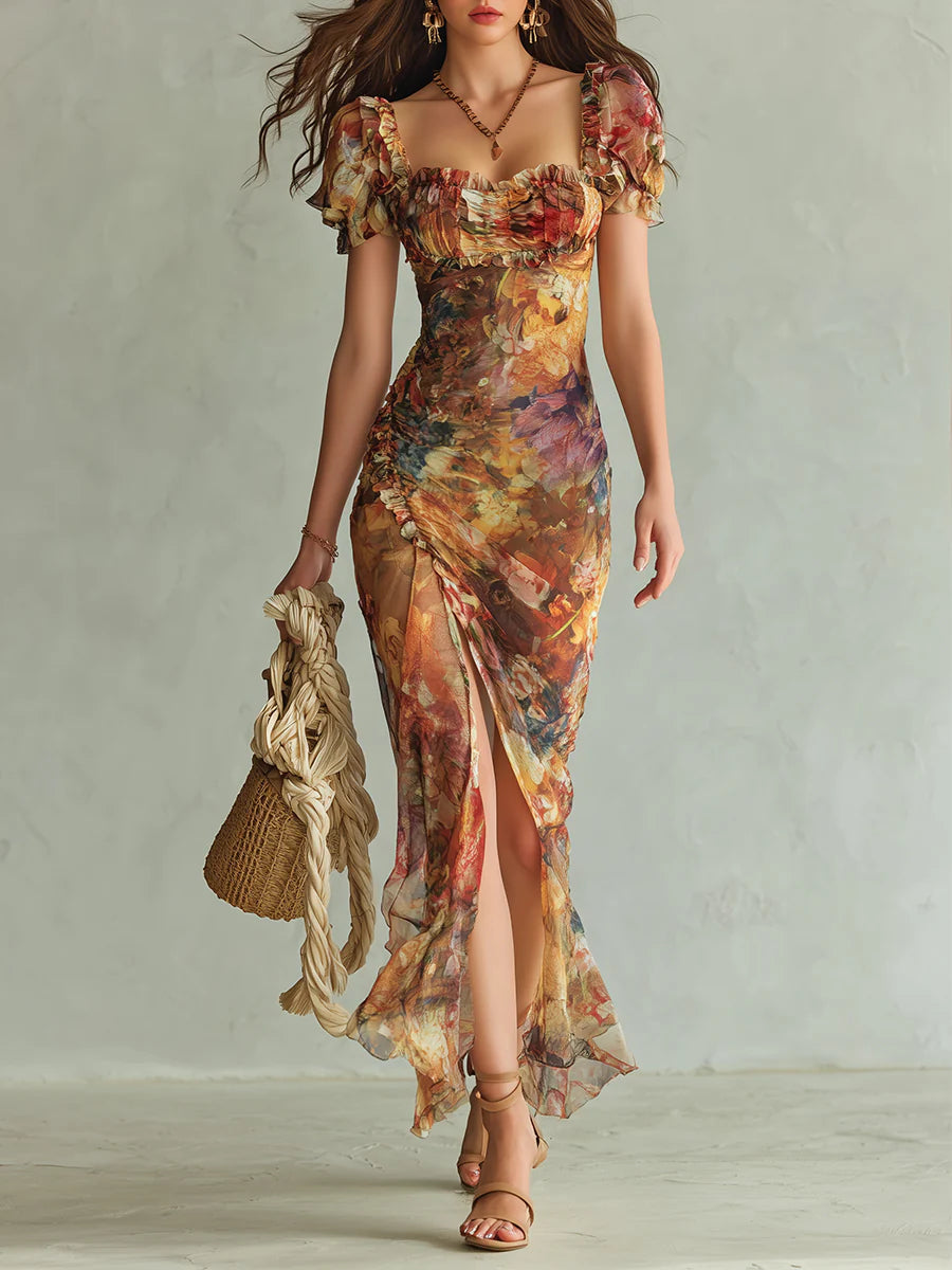 Orange Bohemian Holiday Oil Painting Print Chiffon Maxi Dress