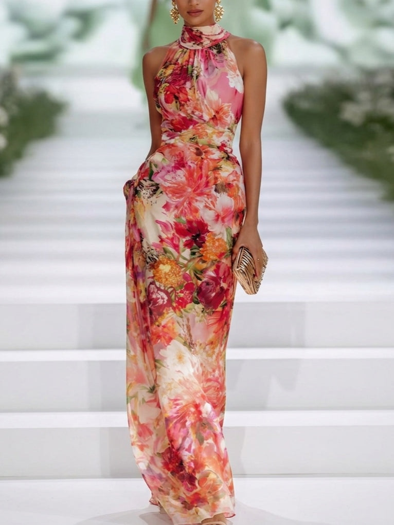 Red Chiffon Floral Halter-neck Sleeveless Maxi Dress