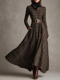 Brown and Black Plaid Lapel Single-Breasted Shirt Long Dress