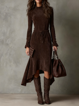 Elegant Dark Brown Suede Drawstring Irregular Midi Dress