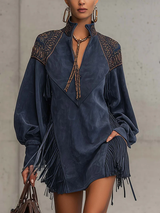 Indigo Faux Suede Embroidered Tassel Mini Dress