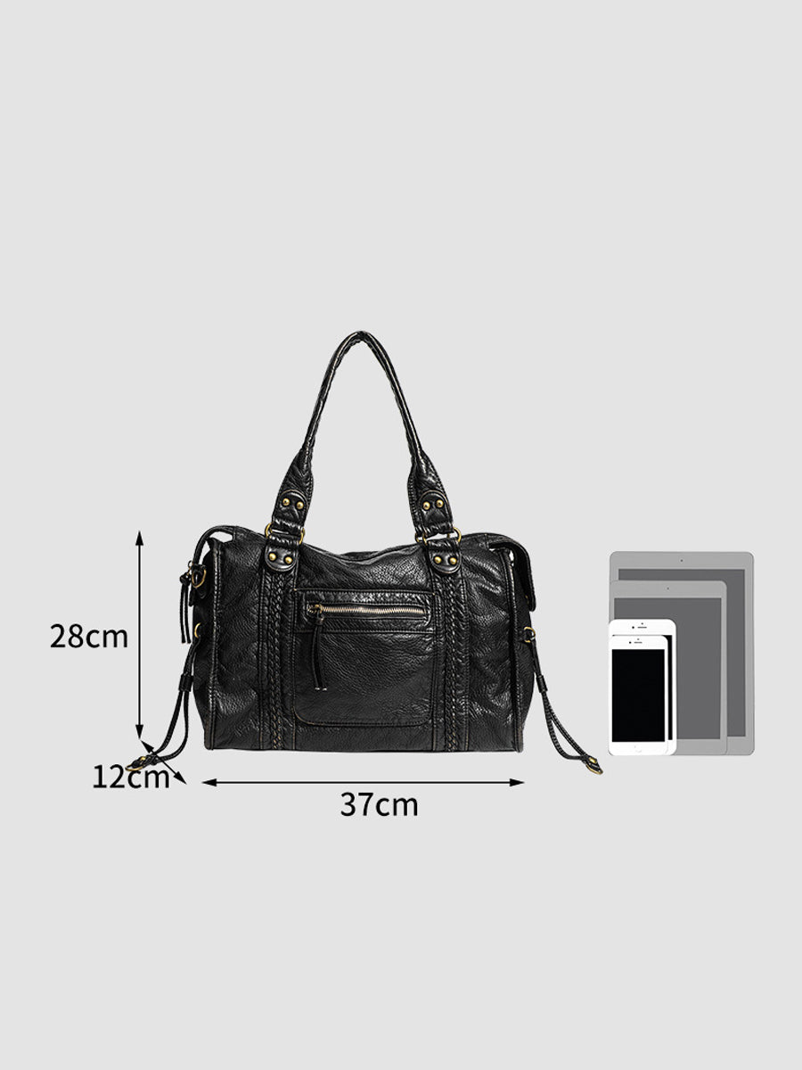 Women's Fashionable Distressed Multi-pocket Leather Handbag