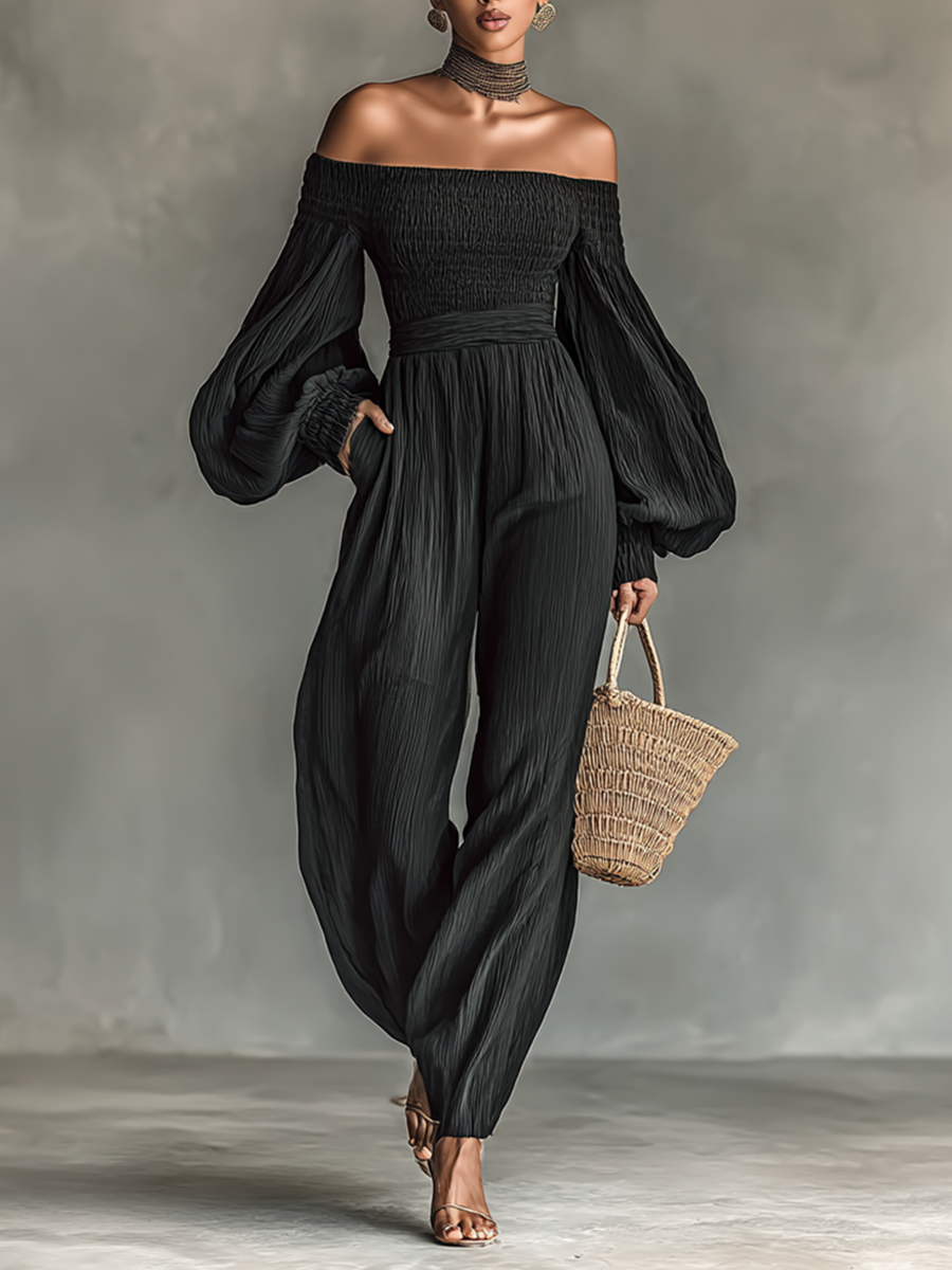 Women's Off-the-shoulder Long-sleeved Pleated Fabric Jumpsuit