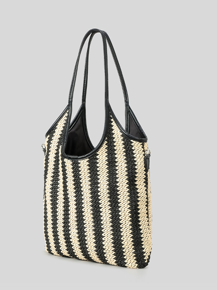 Women's Contrast Striped Vintage Straw Shoulder Bag