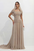 Khaki Pleated Draped Strapless Maxi Dress