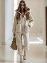 Casual Loose Vintage Polar Fleece Pocket Zipper Hooded Jumpsuit