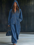 Casual Loose Retro Pocket Long Sleeve Hooded Zipper Denim Jumpsuit