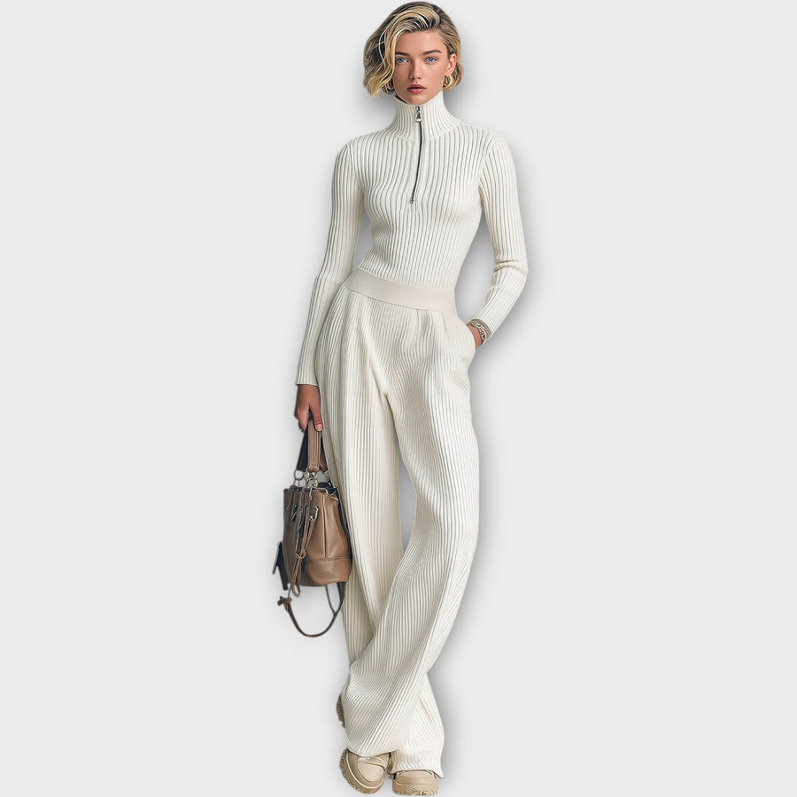 Ribbed Zip-Neck Knit Lounge Set